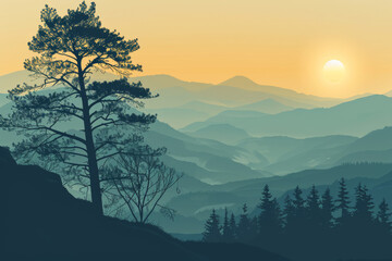 Golden Horizon: Sunrise Silhouette Over Serene Mountain Landscape