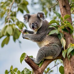 Fototapeta premium Cute koala on eucalyptus tree. AI generated