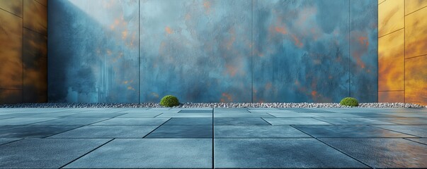 Blue wall with two bushes and pebble border