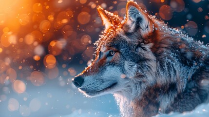   A tight shot of a wolf's expressive face against a softly blurred backdrop, with snowflakes artfully rendered in bokeh effect