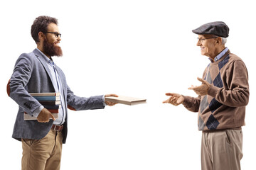 Bearded man giving a book to an elderly man
