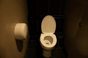 A toilet is in a dark room with a white paper towel dispenser. The toilet is closed and the lid is...