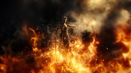Dramatic representation of Lady Justice in flames, symbolizing justice under fire