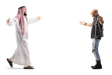 Saudi arab man in traditional robe meeting a punk isolated on white background