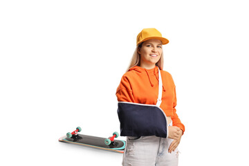 Young female skater with a broken arm wearing an arm splint