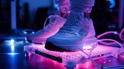 A zoomedin image of a piezoelectric sensor attached to a dancers shoe capturing the vibrations and movements of feet and converting it into electrical energy to power - Powered by Adobe