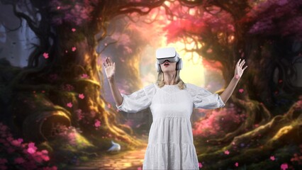 Excited woman looking around by VR surround enchanted wonderful fairytale forest with pink maple...