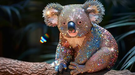   A koala atop a tree branch, sequinned with multicolored sparkles