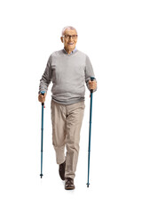 Elderly man walking with poles towards the camera