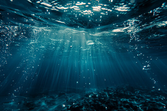 underwater view of dark blue ocean water, under the surface. High quality photo