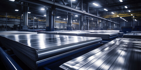 In the confines of a warehouse, bundled steel sheet rolls, comprised of cold rolled steel coils, represent the robustness and resilience of industrial-grade materials. - obrazy, fototapety, plakaty