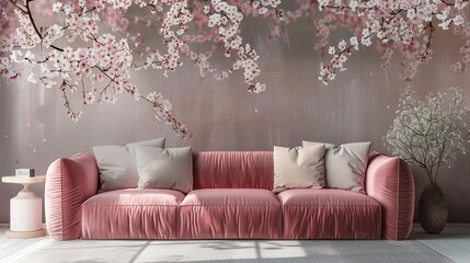 Modern Interior Design of a Living Room with Rose Pink Sofa and Cherry Blossom Wallpaper, Elegant Pastel Colors Decor