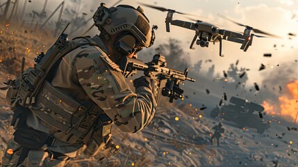 a soldier in a field, strategically setting up drones for combat in an ultra-realistic fighting style.