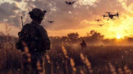 Afwasbaar fotobehang a soldier in a field, strategically setting up drones for combat in an ultra-realistic fighting style. © lililia