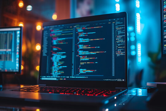 Writing code concept, a laptop with lines of code on the screen