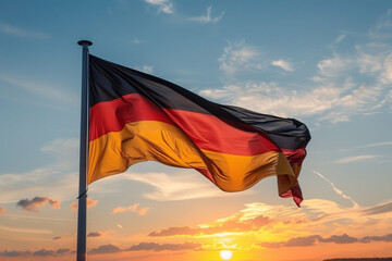 A German flag waving on a flagpole during sunset, blue sky in the background - 794289753