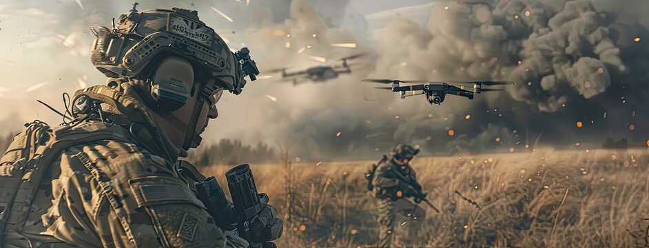 a soldier in a field, strategically setting up drones for combat in an ultra-realistic fighting style.