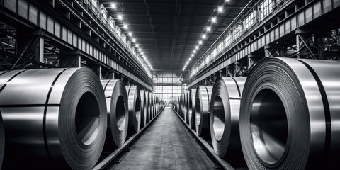 A warehouse houses neatly arranged steel sheet rolls, consisting of cold rolled steel coils, showcasing the precision and efficiency of industrial manufacturing processes.