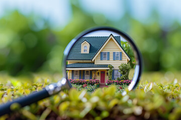 A miniature house seen through a magnifying glass, depicting the concept of a home inspection, or real estate, looking for a house
