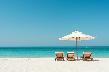tropical vacation background. Sundbeds under the sun shade on sandy tropical beach. High quality photo