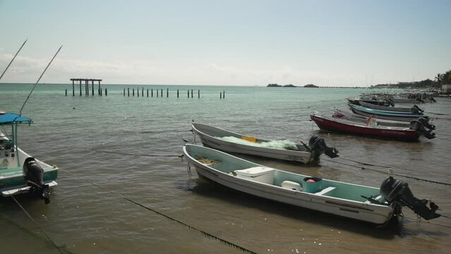 View of boats in small harbour, Playa Del Carmen, Caribbean Coast, Yucatan Peninsula, Mexico, North America