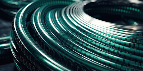 A spiral of green and silver wires. The wires are twisted and bent in a way that they look like they are made of metal - obrazy, fototapety, plakaty