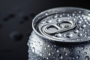 Blank aluminum can with water drops on black background