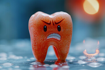 Toothache concept, a red tooth with an angry facial expression - 794290905