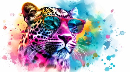 Portrait of a colorful cartoon leopard wearing sunglasses, boldly illustrated against a white background - obrazy, fototapety, plakaty