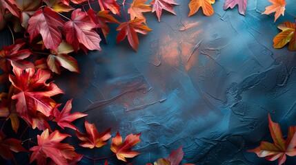 Red autumn foliage arranged on a textured blue slate, top view, designed with significant copy space