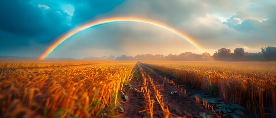 Rainbows span field each ending at unique spot path guides to end. Concept Rainbows, Nature, Paths, Endings, Unique Spots