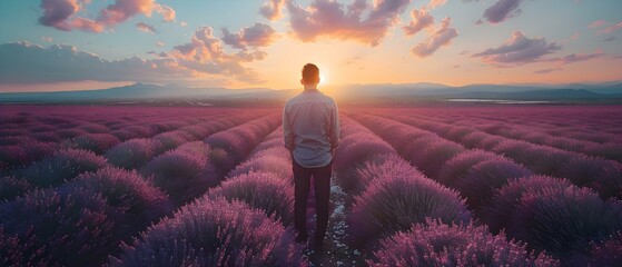 Wanderer meanders through vast lavender fields with overarching hues of lavender adorning the landscape. Concept Lavender Fields, Wanderlust, Nature Photography