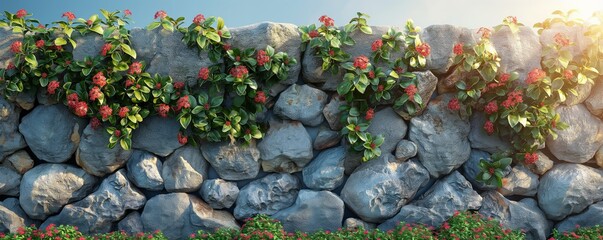 Stone wall with lush flowering plants