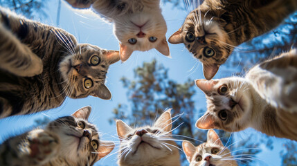 Cute Circle of Eight Curious Cats Huddled, Gazing Down at Ground Camera, Sunny Day Close-Up
