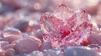   A pink flower atop pink rocks, dripping with water on its petals