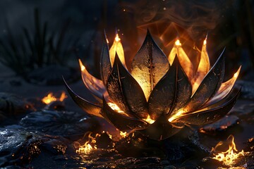 Lotus flower made of metal with glowing elements 