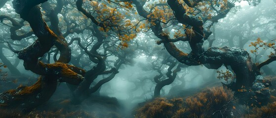 Naklejka na ściany i meble A misty forest with twisted trees mosscovered branches and arching vines. Concept Nature Photography, Mystical Landscapes, Enchanted Woods, Lush Foliage, Atmospheric Forests