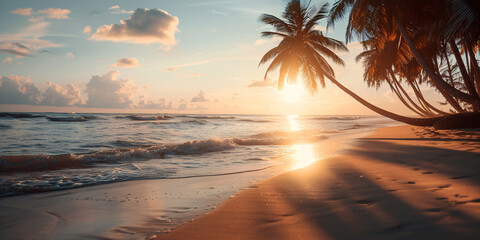 A tranquil beach scene at sunset, featuring palm trees, shimmering ocean, and golden sand.
