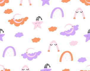 Hand-drawn cute doodle seamless illustration - clouds, moon and stars.