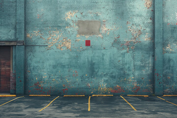 Empty parking lot with weathered blue wall
