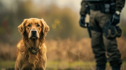 A Golden Retriever stands proudly next to a police officer having just uncovered a hidden explosive device during a training exercise. .