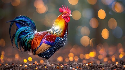   A vibrant rooster perches atop a mound of soil, near a forest teeming with numerous bright lights - obrazy, fototapety, plakaty