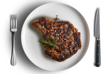 Flavored Whole rib eye beef on white round plate with cutlery