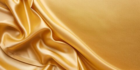Elegant golden silk fabric draped gracefully with a smooth texture