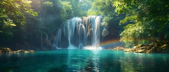 Tranquil waterfall in vibrant rainforest with a rainbow and soothing sounds. Concept Rainforest Waterfall, Vibrant Nature, Rainbow, Serenity, Natural Sounds