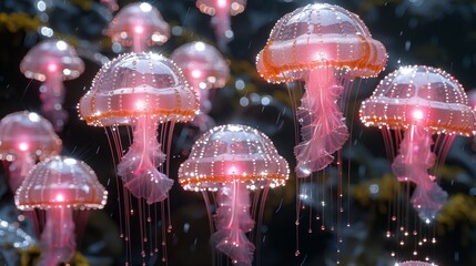   A collection of jellyfish hovering above a water body beside a verdant forest teeming with luxuriant green trees
