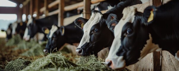 Dairy cows feeding in a row at a modern farm - obrazy, fototapety, plakaty