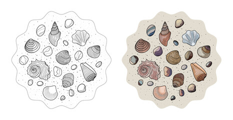 A set of designs made from shells, pebbles and sand for coloring.