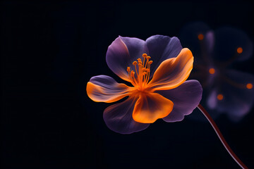 Close-up of a vibrant purple and orange flower set against a stark black background.