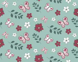 Cute floral pattern with flowers and butterflies, seamless background with butterflies and flowers.
